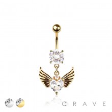 316L SURGICAL STEEL CZ WINGS HEART DANGLE ROUND CZ BELLY BUTTON NAVEL RING  316L SURGICAL STEEL CZ WINGS HEART DANGLE ROUND CZ BELLY BUTTON NAVEL RING